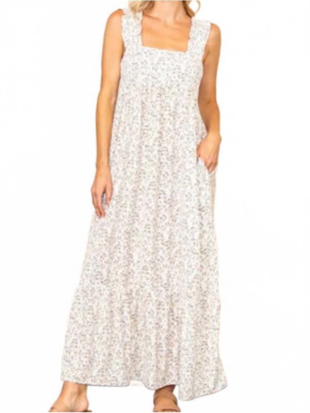 Square-Neck White Floral Maxi Dress